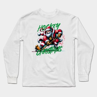 Santa Playing Hockey in Christmas Long Sleeve T-Shirt